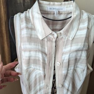 BCBG Maxazria sleeveless collared summer dress button up tan white Free people